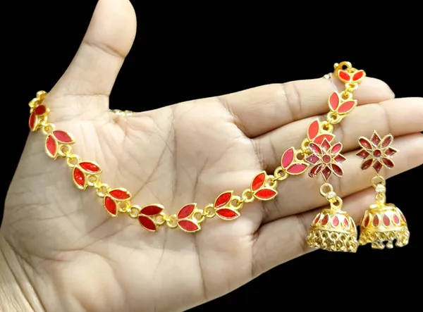 Assamese_Traditional_Copper_Based_Red_Patti_Jhumka_Earring_Set