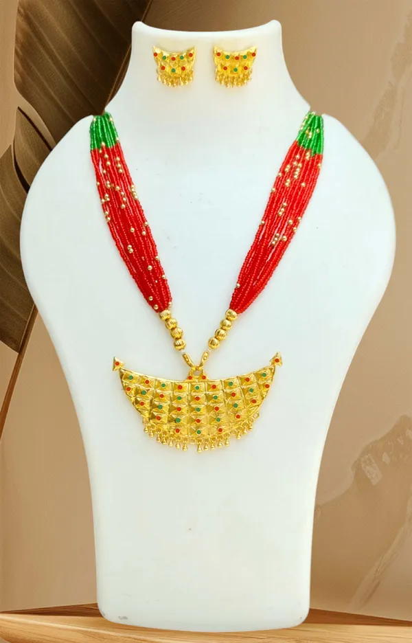 Assamese_Traditional_Red_Green_Copper_Based_Junbiri_New_Tassel_Jewellery_Set