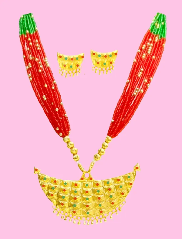 Assamese_Traditional_Red_Green_Copper_Based_Junbiri_New_Tassel_Jewellery_Set