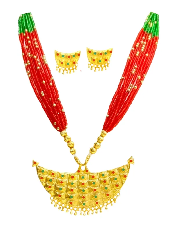 Assamese_Traditional_Red_Green_Copper_Based_Junbiri_New_Tassel_Jewellery_Set