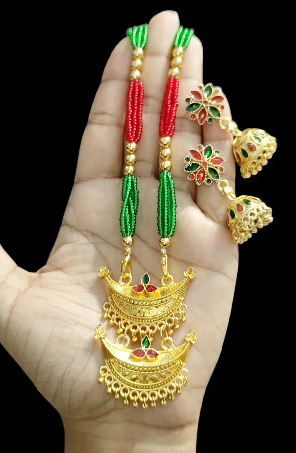 Assamese_Traditional_Red_Green_Small_Junbiri_Jewellery_Set