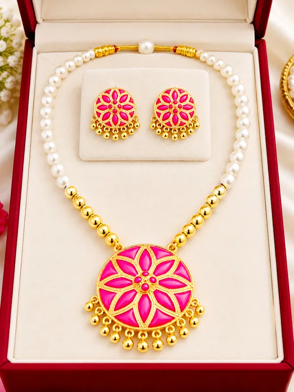 BG_GOLD_Assamese_traditiona__Copper_Based__Pink_japi_moni_tassel_jewellery_set