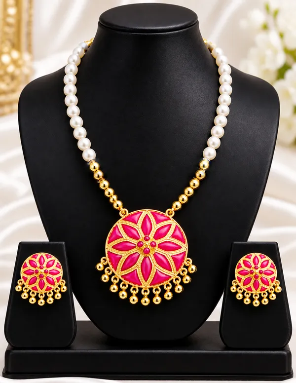 BG_GOLD_Assamese_traditiona__Copper_Based__Pink_japi_moni_tassel_jewellery_set