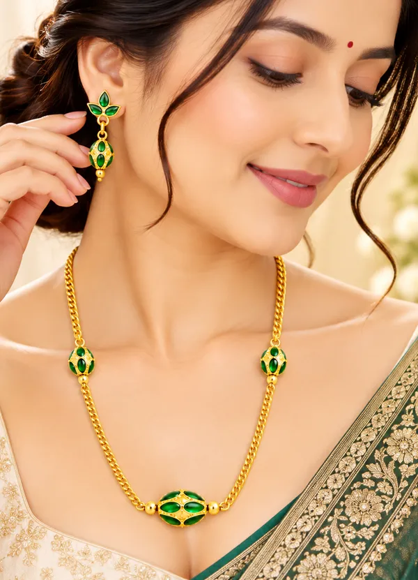 BG_GOLD_Assamese_traditional_Copper_Based_1_ball_Green_3_ball_chain_Monimala_Jewellery_Set