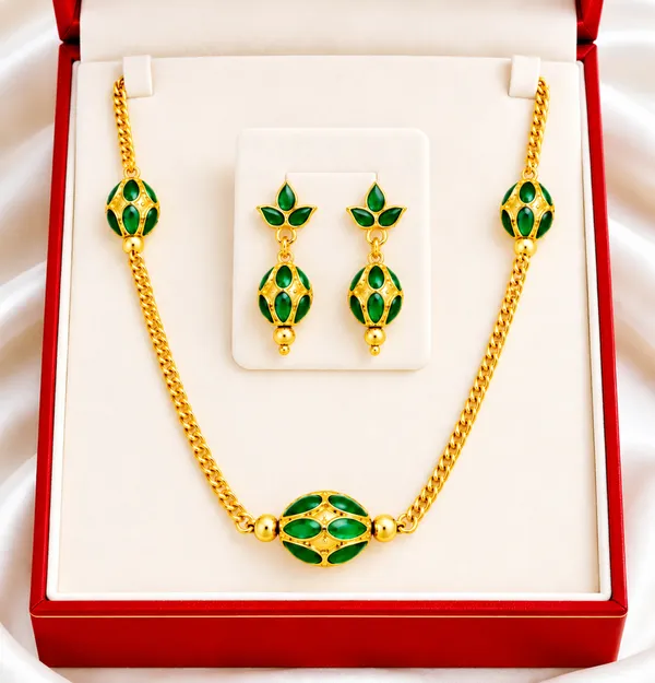 BG_GOLD_Assamese_traditional_Copper_Based_1_ball_Green_3_ball_chain_Monimala_Jewellery_Set