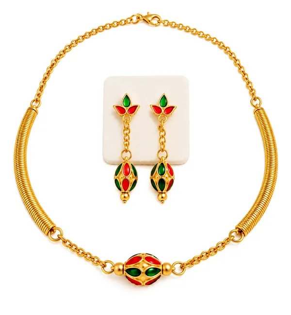 BG_GOLD_Assamese_traditional_Copper_Based_1_ball_Red_Green_pipe_chain_Monimala_Jewellery_Set
