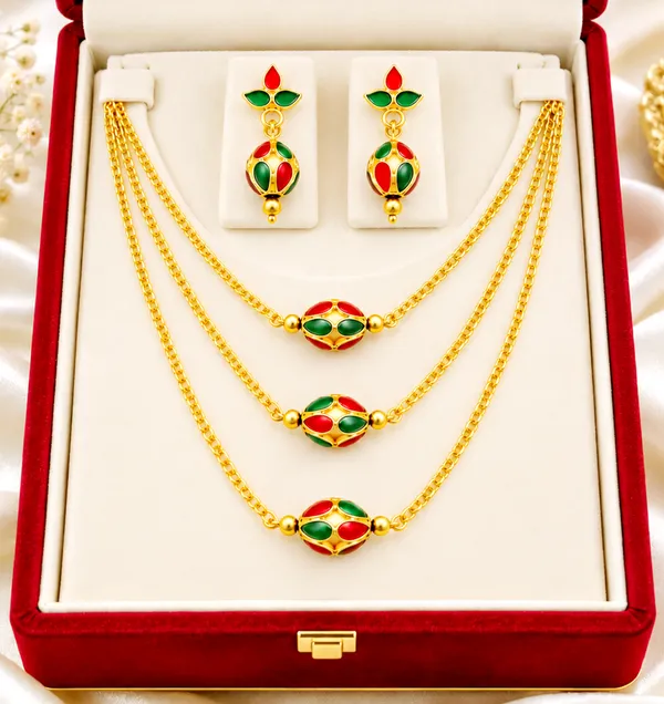 BG_GOLD_Assamese_traditional_Copper_Based_Red_Green3_ball_chain_Monimala_Jewellery_Set