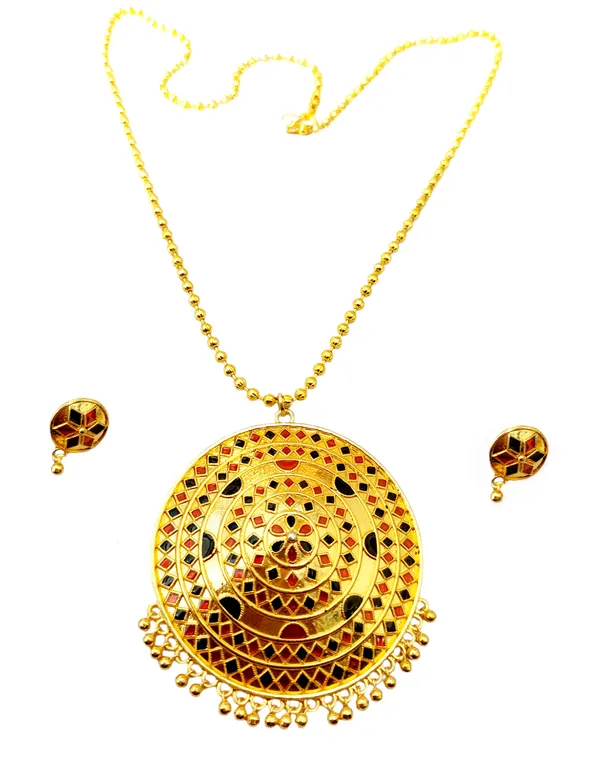 Assamese_Traditional_Red_Black_Big_Japi_Top_Earring_With_Goti_Chain
