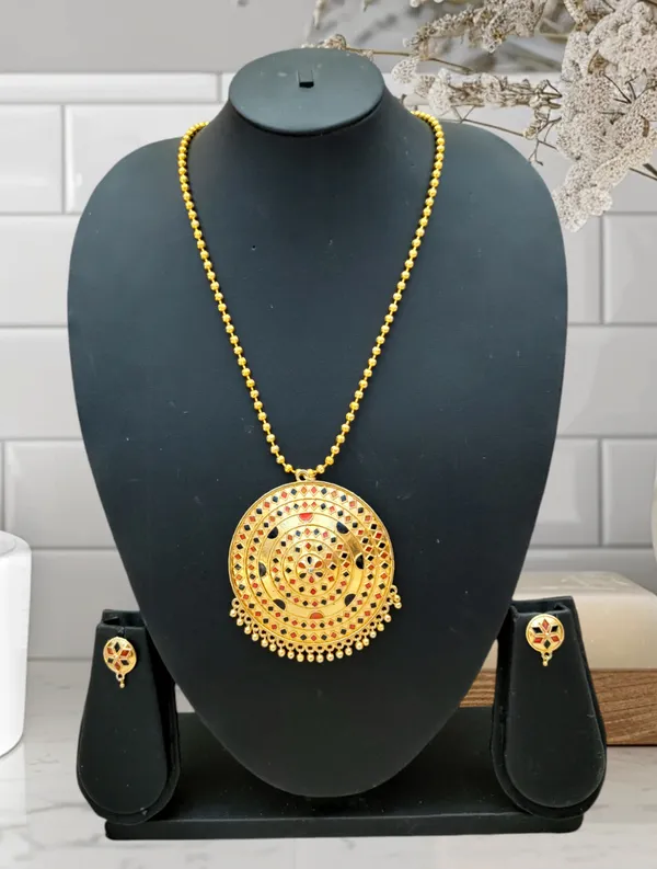 Assamese_Traditional_Red_Black_Big_Japi_Top_Earring_With_Goti_Chain