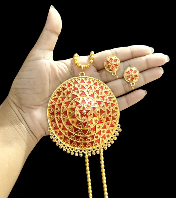 Assamese_Traditional_Red_Big_Japi_Top_Earring_With_Goti_Chain