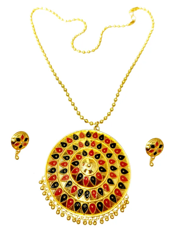 Assamese_Traditional_Red_Black_Big_Japi_Top_Earring_With_Goti_Chain