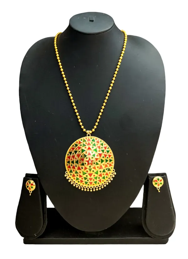 Assamese_Traditional_Red_Green_Big_Japi_Top_Earring_With_Goti_Chain