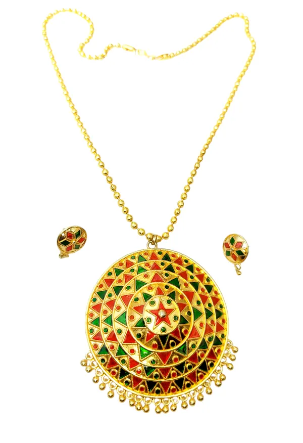 Assamese_Traditional_Red_Green_Big_Japi_Top_Earring_With_Goti_Chain