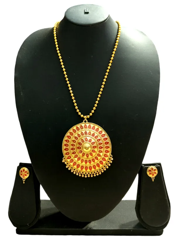 Assamese_Traditional_Red_Big_Japi_Top_Earring_With_Goti_Chain
