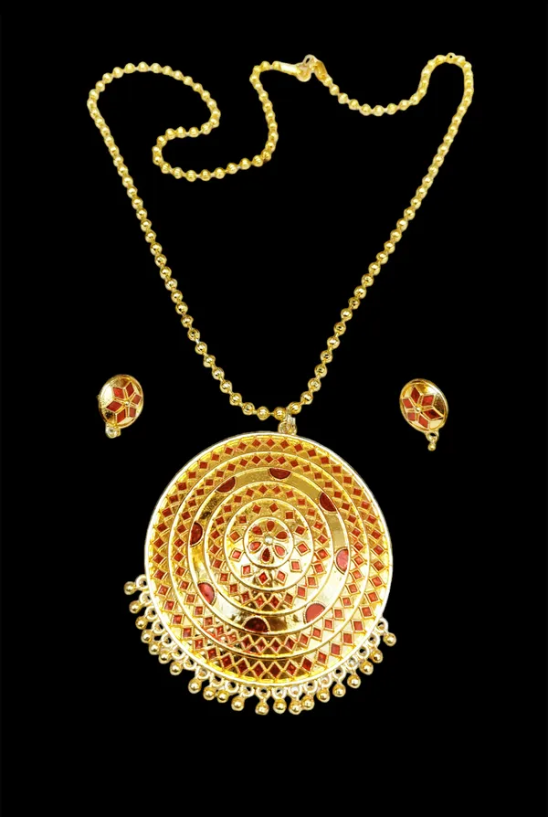 Assamese_Traditional_Red_Big_Japi_Top_Earring_With_Goti_Chain