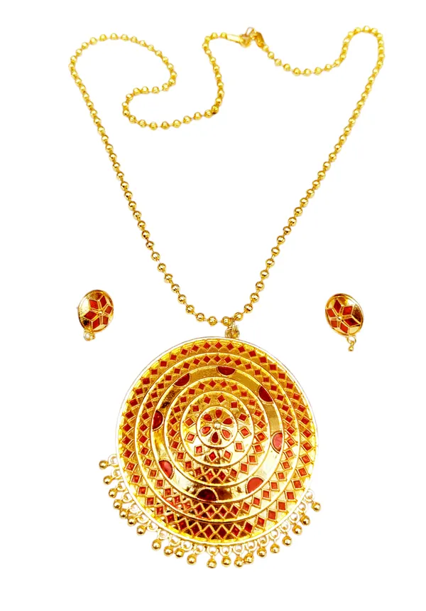 Assamese_Traditional_Red_Big_Japi_Top_Earring_With_Goti_Chain