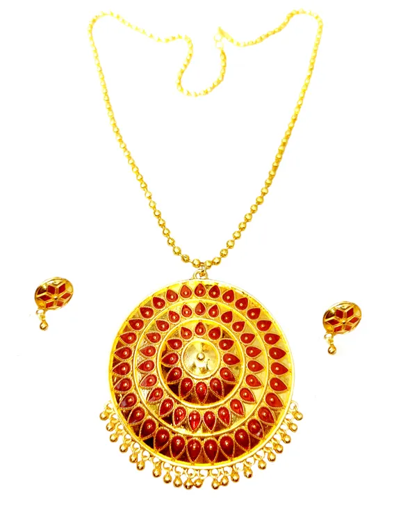 Assamese_Traditional_Red_Big_Japi_Top_Earring_With_Goti_Chain