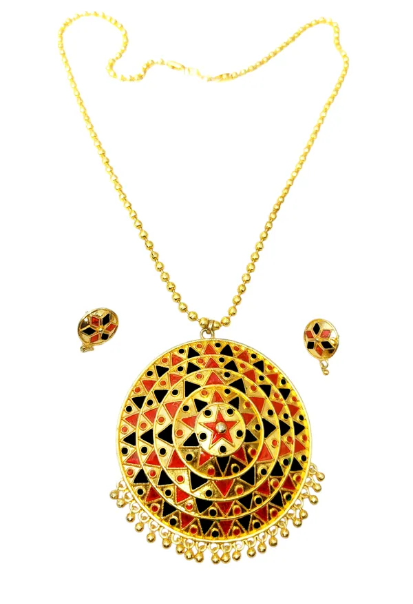 Assamese_Traditional_Red_Black_Big_Japi_Top_Earring_With_Goti_Chain
