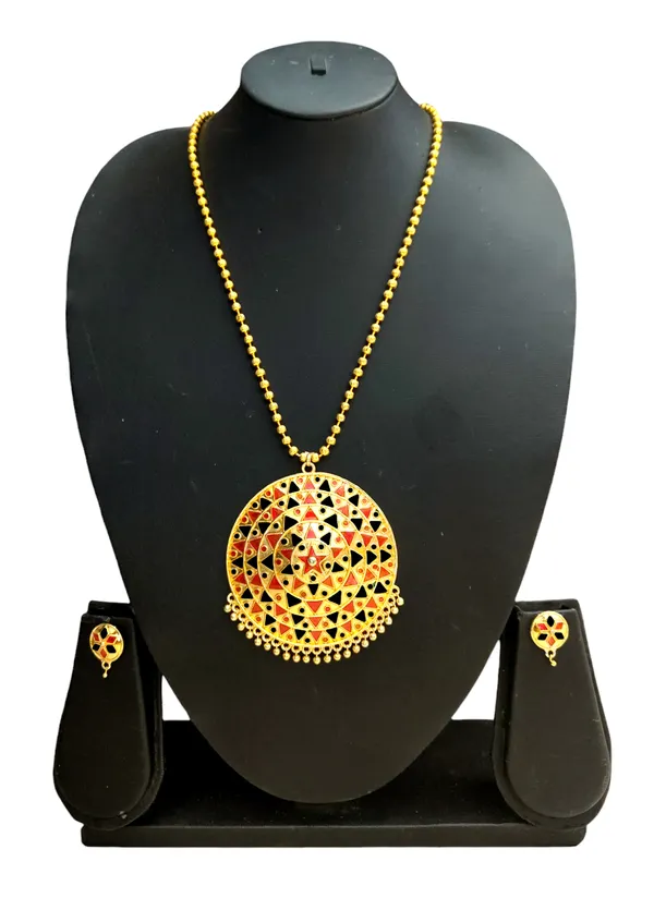Assamese_Traditional_Red_Black_Big_Japi_Top_Earring_With_Goti_Chain
