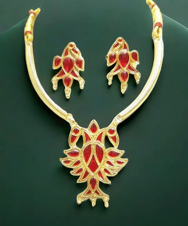 Assamese_Traditional_Copper_Based_Red_Meenakari_Henpata_Jewellery_Set