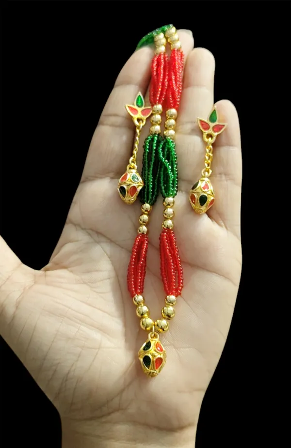 Copper_Based_Assamese_Traditional_Red_Green_Ball_Tassel_Jewellery_Set
