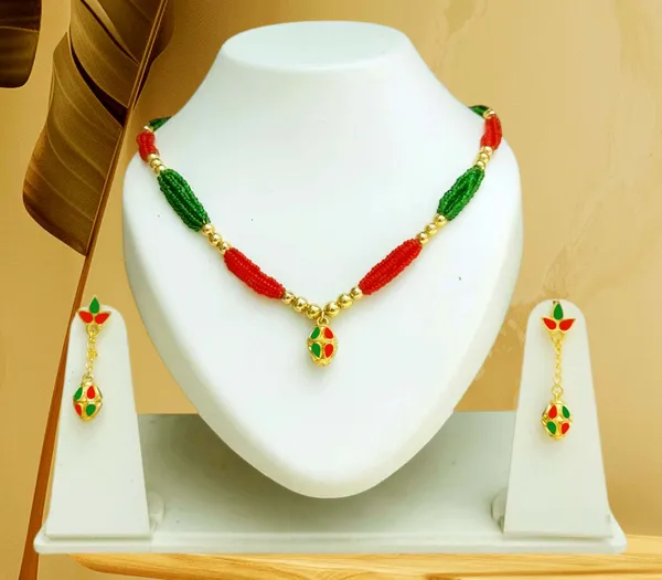 Copper_Based_Assamese_Traditional_Red_Green_Ball_Tassel_Jewellery_Set