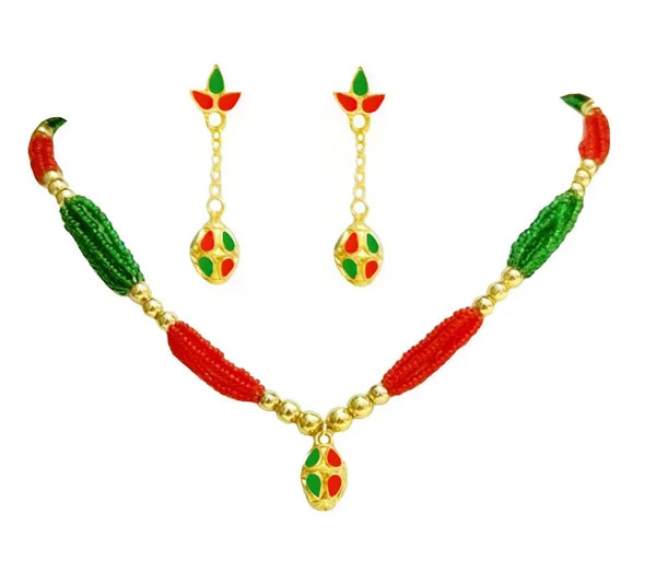 Copper_Based_Assamese_Traditional_Red_Green_Ball_Tassel_Jewellery_Set