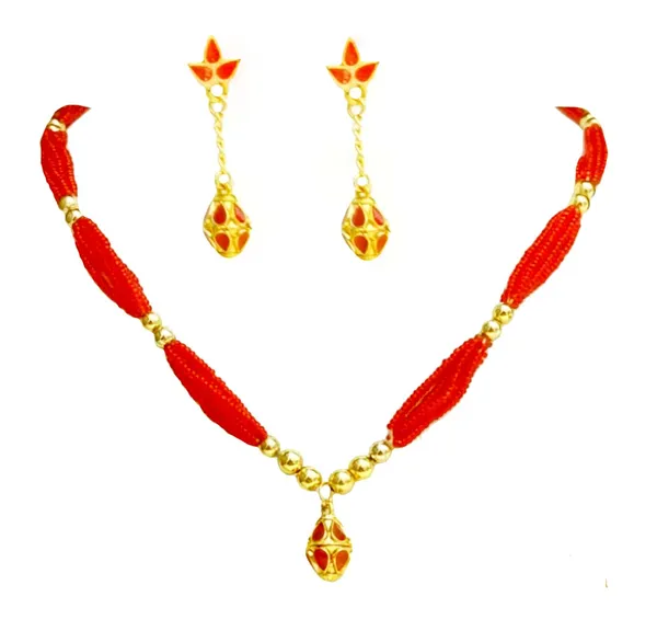 Copper_Assamese_Traditional_Red_Ball_Tassel_Jewellery_Set