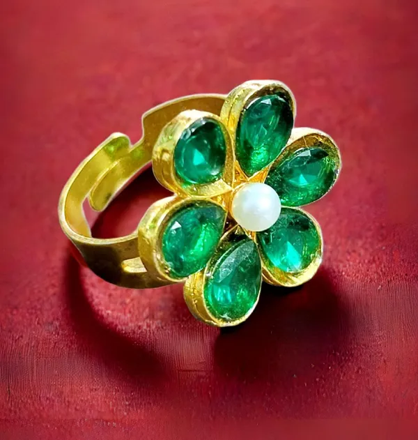 Balaji_Gold_Green_Stone_Floral_Pearl_Adjustable_Finger_Ring_For_Women