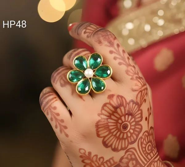 Balaji_Gold_Green_Stone_Floral_Pearl_Adjustable_Finger_Ring_For_Women