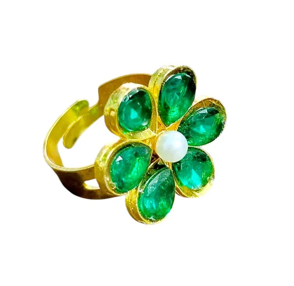 Balaji_Gold_Green_Stone_Floral_Pearl_Adjustable_Finger_Ring_For_Women