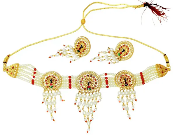 Multicolour_Rajasthani_Peacock_Design_Pearl_Choker_Necklace_Set_For_Women