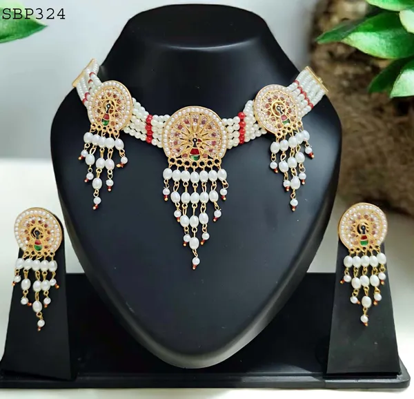 Multicolour_Rajasthani_Peacock_Design_Pearl_Choker_Necklace_Set_For_Women