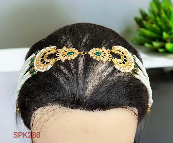 White_&_Green_Traditional_Rajasthani_Sheeshfool_Rakhdi_&_Beaded_Headpiece_For_Women
