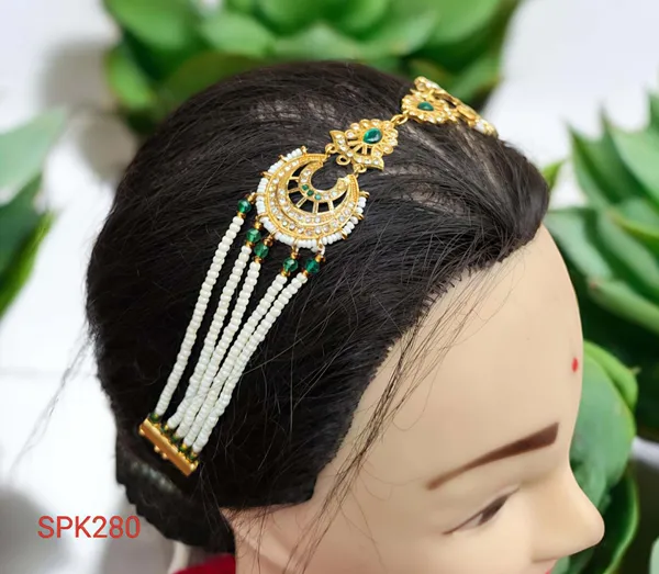 White_&_Green_Traditional_Rajasthani_Sheeshfool_Rakhdi_&_Beaded_Headpiece_For_Women