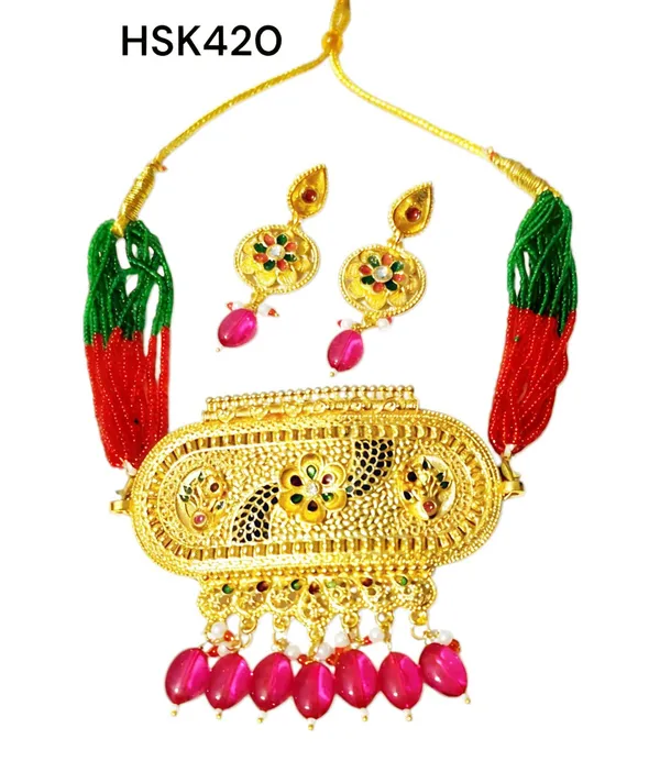 Balaji_Gold_Red_&_Green_Traditional_Aad_Necklace_&_Earrings_Set_With_Beads_And_Stone_Drops_For_Women