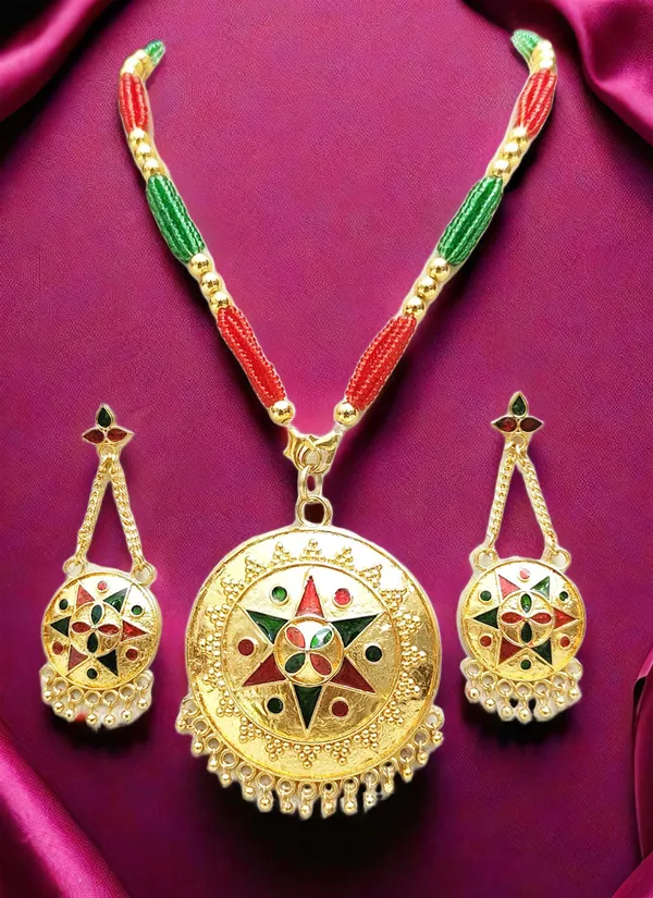 Assamese_Traditional_Gold_Plated_Red_Green_Meenakari_Japi_Tassel_Jewellery_Set_For_Women