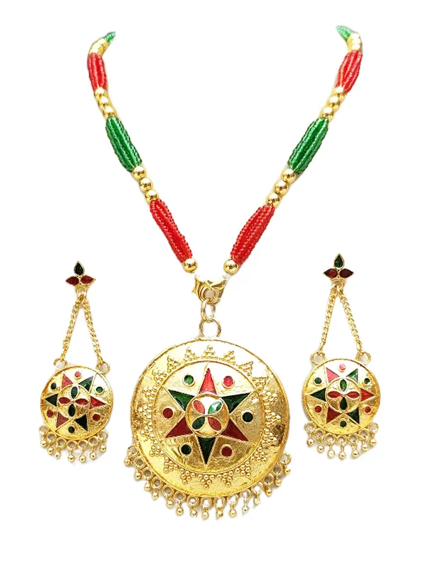 Assamese_Traditional_Gold_Plated_Red_Green_Meenakari_Japi_Tassel_Jewellery_Set_For_Women