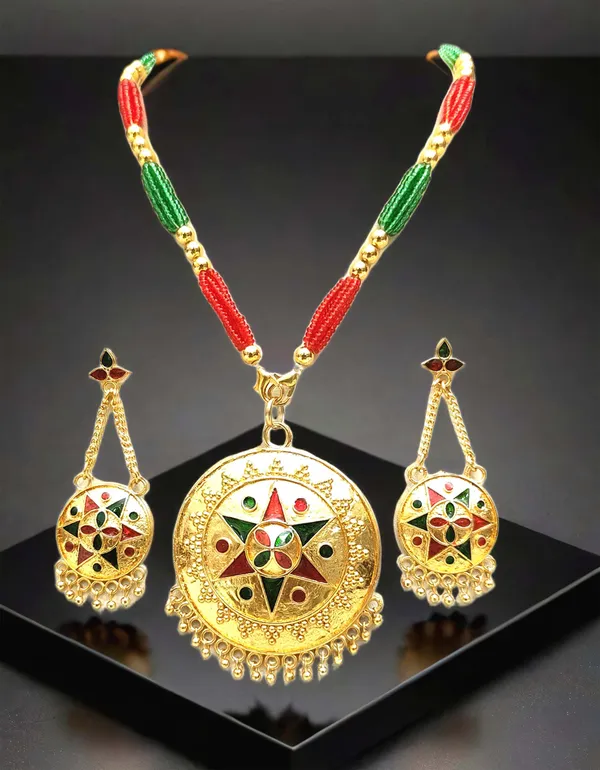 Assamese_Traditional_Gold_Plated_Red_Green_Meenakari_Japi_Tassel_Jewellery_Set_For_Women