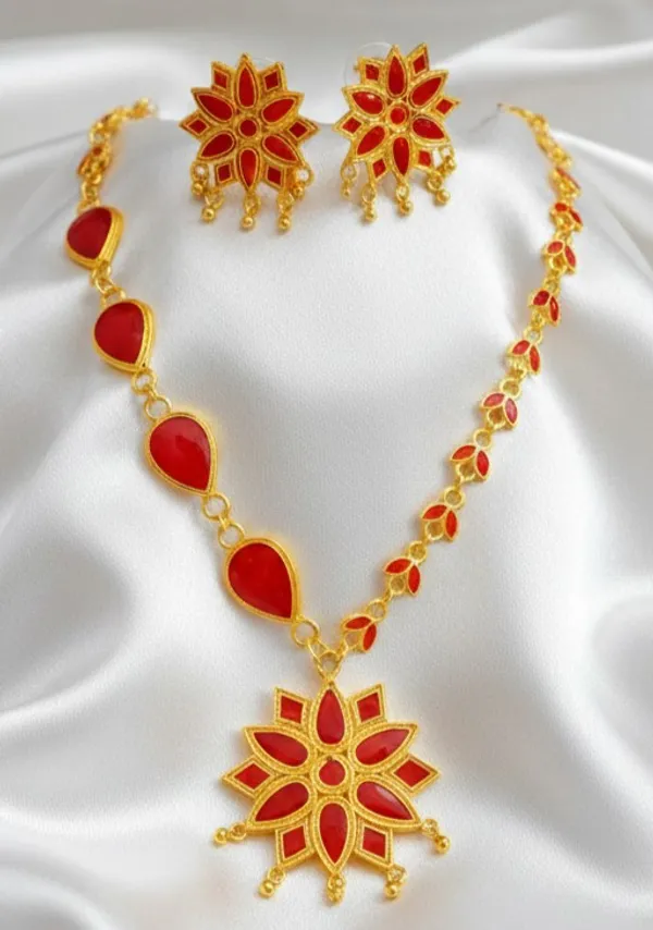 Assamese_Traditional_Gold_Plated_Red_Colour_Chain_Jewellery_Set_For_Women