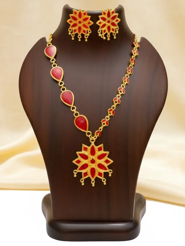 Assamese_Traditional_Gold_Plated_Red_Colour_Chain_Jewellery_Set_For_Women
