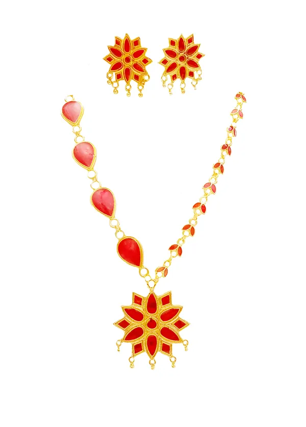 Assamese_Traditional_Gold_Plated_Red_Colour_Chain_Jewellery_Set_For_Women