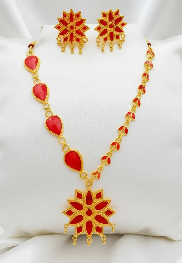 Assamese_Traditional_Gold_Plated_Red_Colour_Chain_Jewellery_Set_For_Women