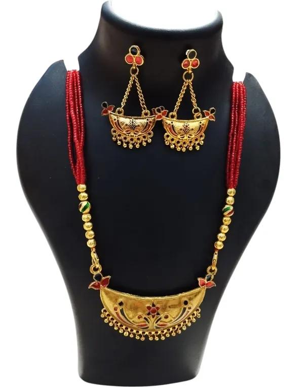 Assamese_Traditional_Red_Colour_Joonbiri_Tassel_Jewellery_Set_For_Women
