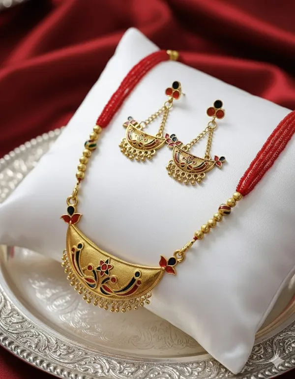 Assamese_Traditional_Red_Colour_Joonbiri_Tassel_Jewellery_Set_For_Women