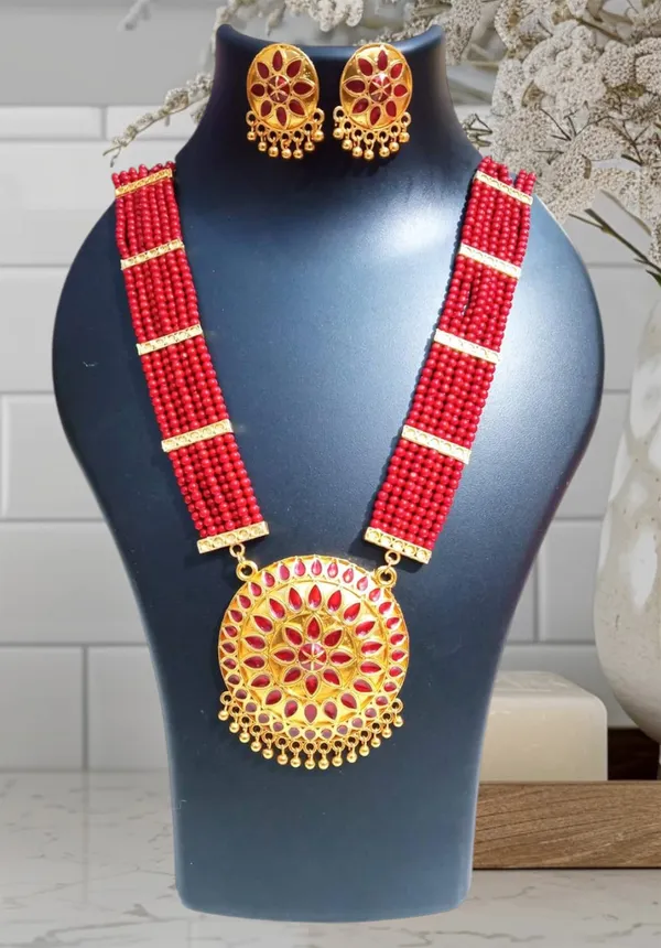 Assamese_Traditional_Gold_Plated_Red_Colour_Japi_Tassel_Jewellery_Set_For_Women
