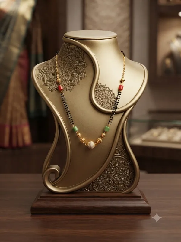 Gold-Plated_Traditional_Short_Mangalsutra_with_Red_&_Green_Beads_and_Central_CZ_Textured_Ball_Pendant