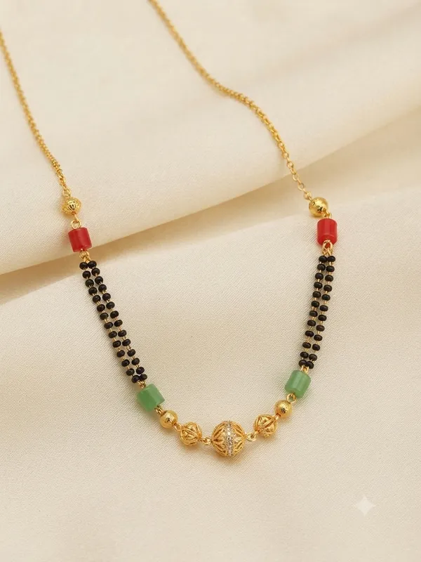 Gold-Plated_Traditional_Short_Mangalsutra_with_Red_&_Green_Beads_and_Central_CZ_Textured_Ball_Pendant