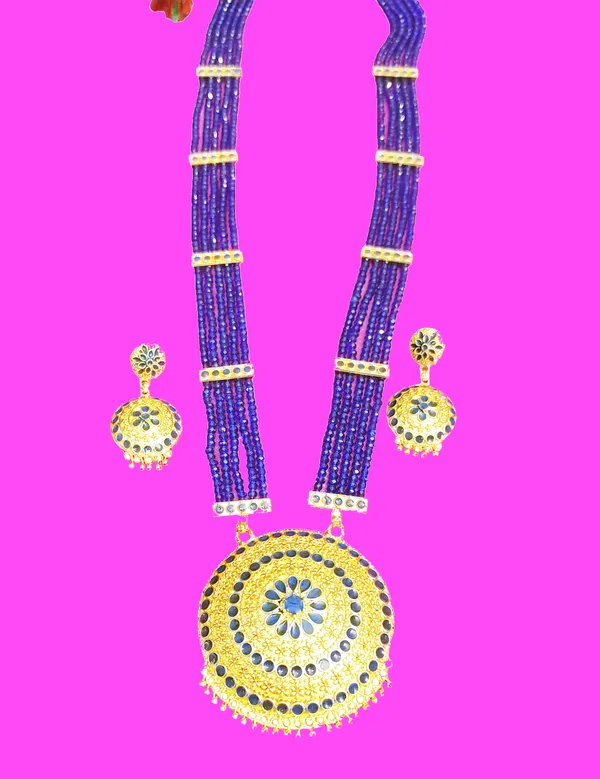 Copper_Based_Assamese_Traditional_Gold_Plated_Blue_Meenakari_Japi_Tassel_Jewellery_Set_For_Women_&_Girls