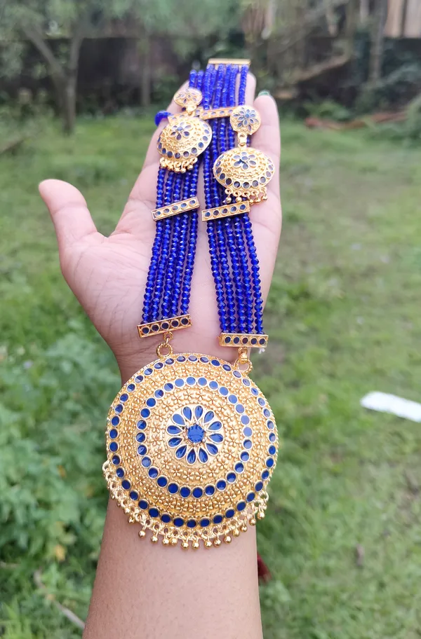 Copper_Based_Assamese_Traditional_Gold_Plated_Blue_Meenakari_Japi_Tassel_Jewellery_Set_For_Women_&_Girls